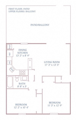Floor plan for 2 beds, 1 bath, 908 sqft